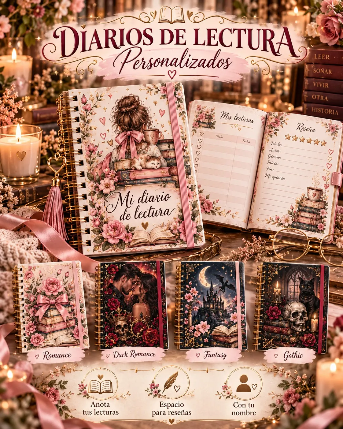 Diarios de lectura personalizadas para lectoras, en estilo romance, dark romance, fantasía y gótico