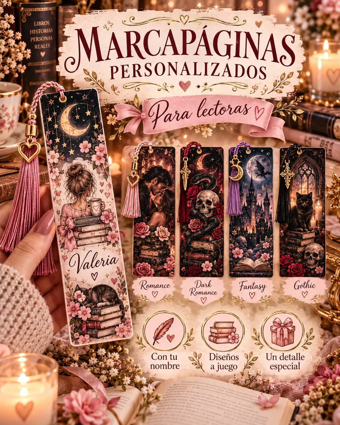Marcapáginas personalizadas para lectoras, en estilo romance, dark romance, fantasía y gótico
