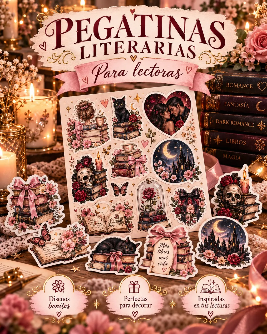 Pegatinas personalizadas para lectoras, en estilo romance, dark romance, fantasía y gótico