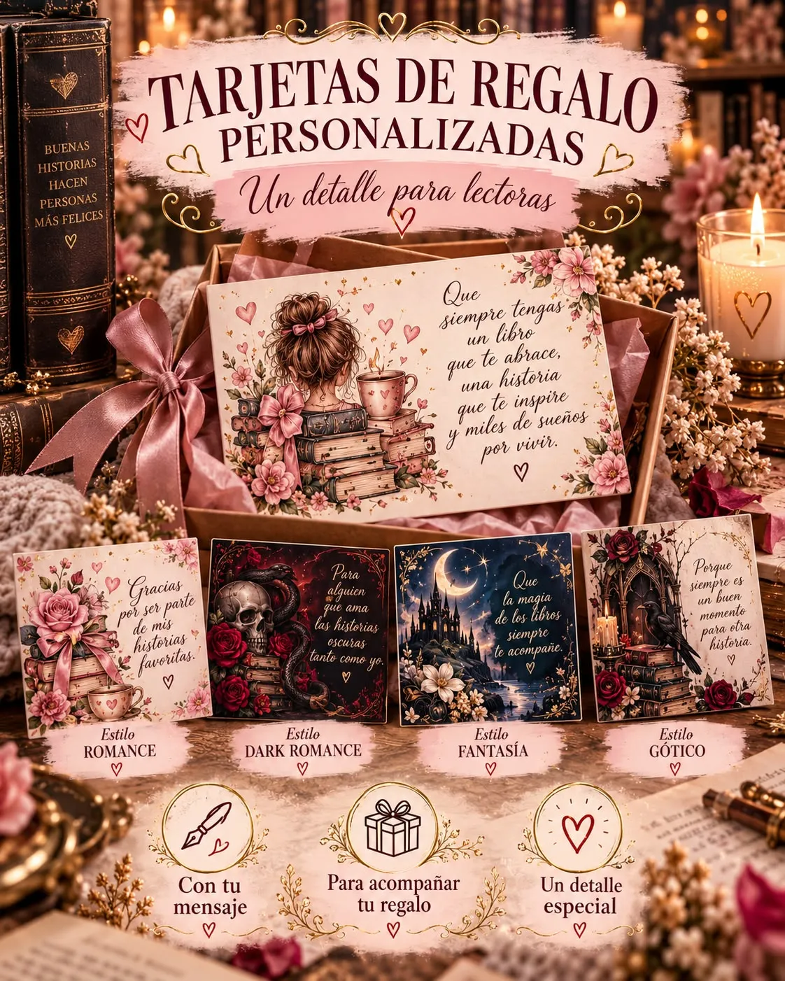 Tarjetas de regalo personalizadas para lectoras, en estilo romance, dark romance, fantasía y gótico