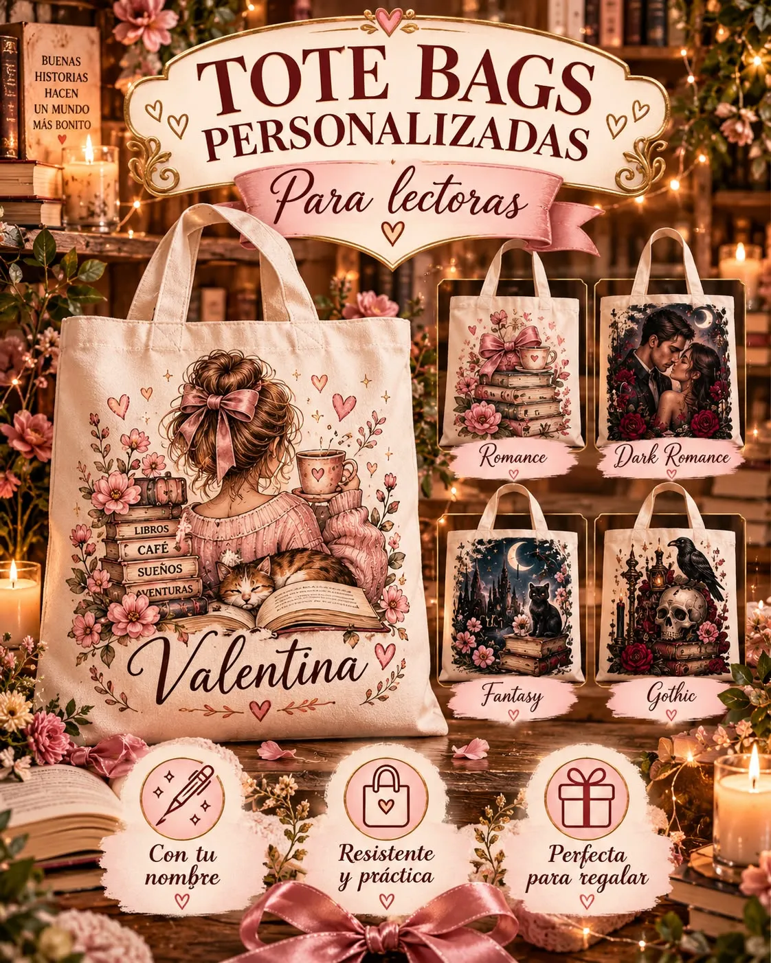 Tote bags personalizadas para lectoras, en estilo romance, dark romance, fantasía y gótico